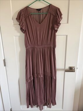 Dusty Mauve Flutter Sleeve V-Neck Tiered Maxi Dress
